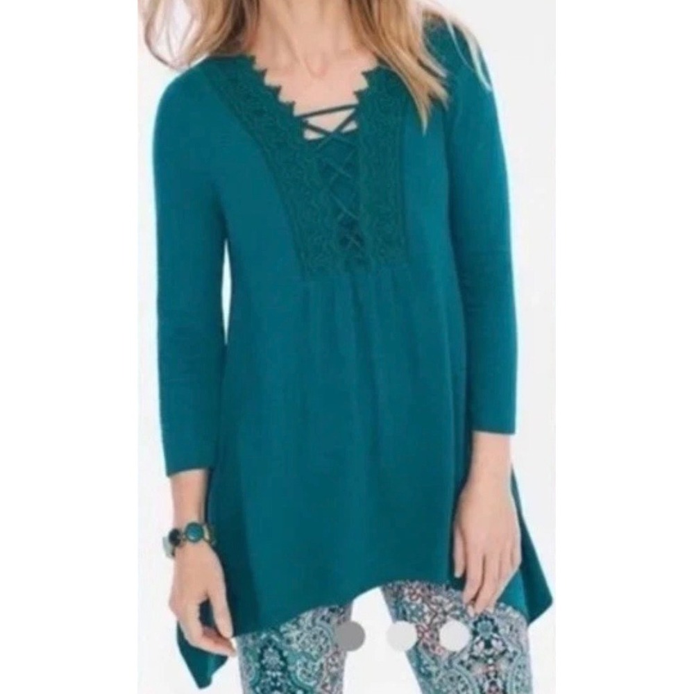 Chicos‎ Teal Blue Lace Up V-Neck Crochet Trim Sharkbite Hem Tunic Top Size XL/16